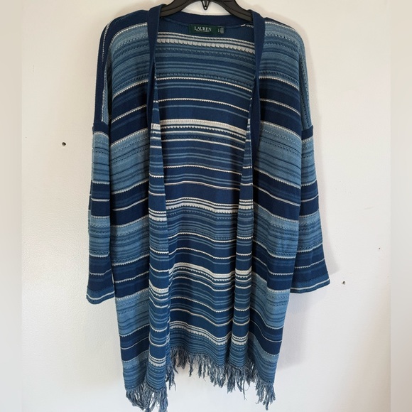 Ralph Lauren Blue & White Striped Cardigan Fringe Boho Western Cotton Linen
